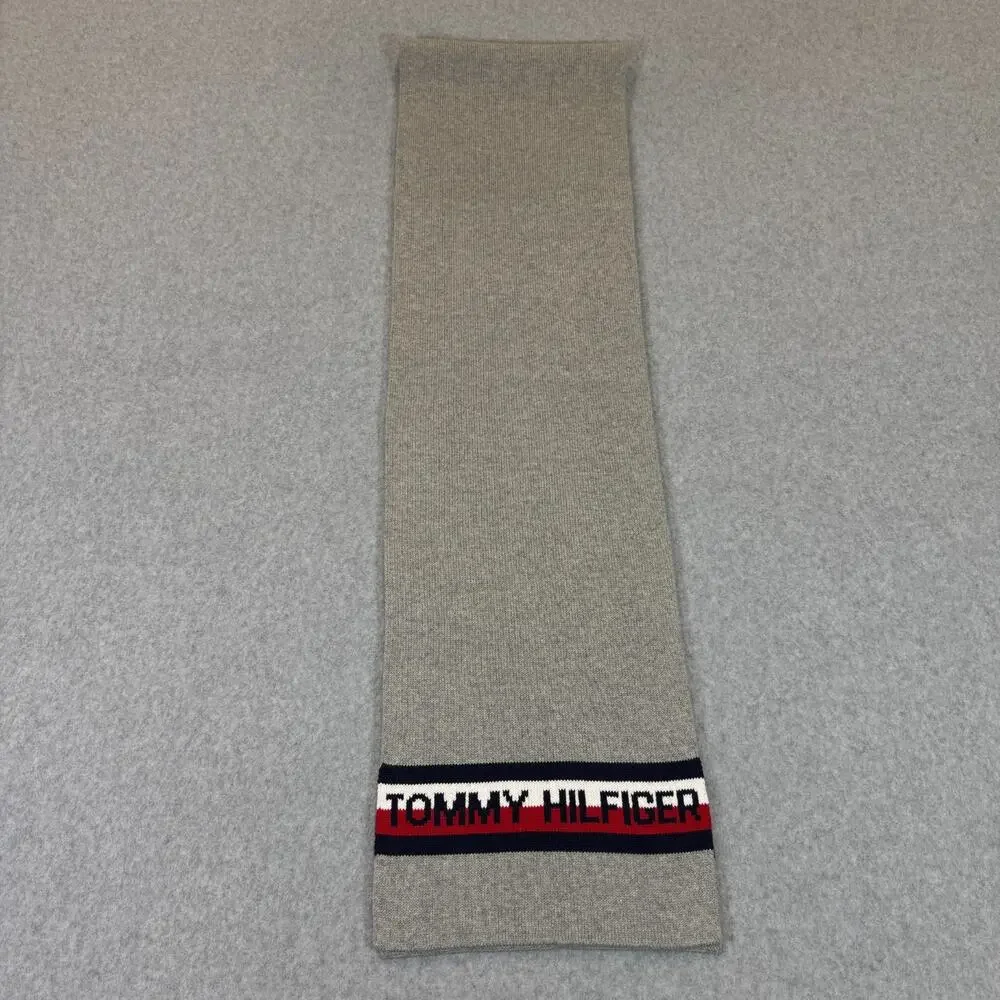Tommy Hilfiger Gray Knit Scarf Logo Stripe One Size 72